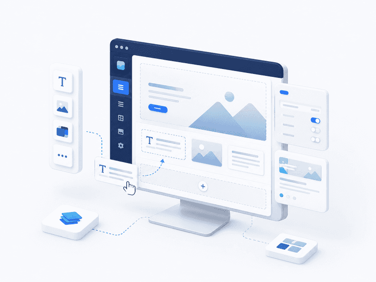 Illustratie van een Storyblok website met flexibel CMS, contentblokken en gebruiksvriendelijk contentbeheer.