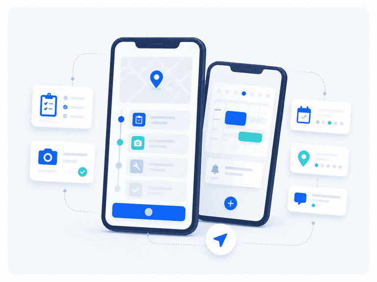 Illustratie van een mobiele workflow-app met planning, taken, meldingen en buitendienstfunctionaliteiten.