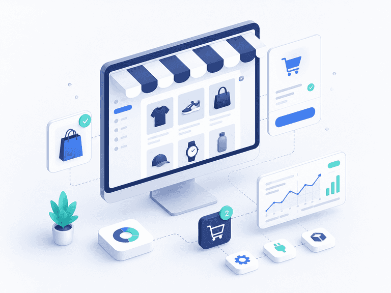 Illustratie van een Shopify webshop met productcatalogus, winkelmandje, checkout en e-commerce integraties.