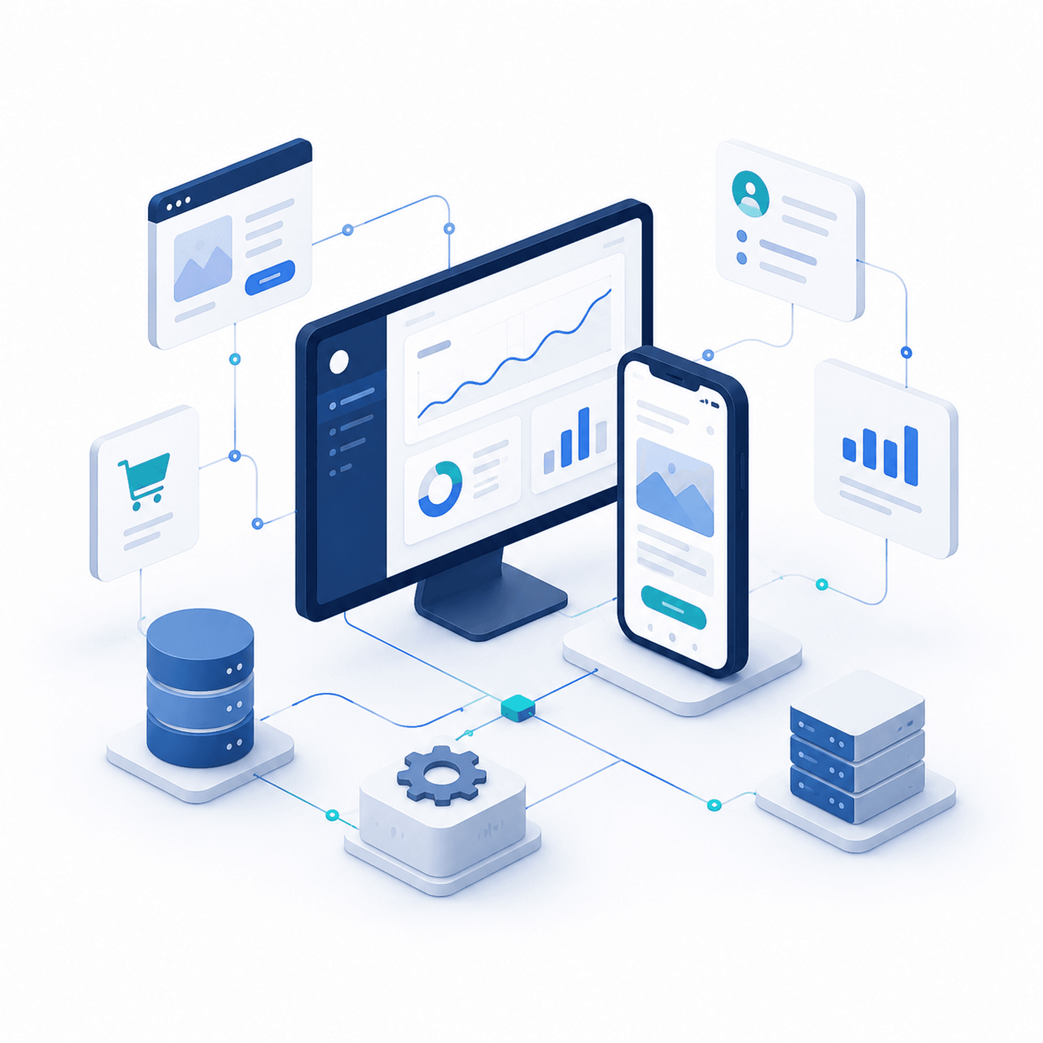 Illustratie van een digitaal platform dat websites, apps, data en bedrijfsprocessen met elkaar verbindt.