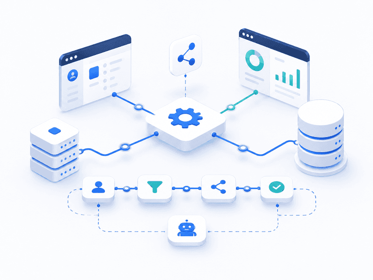 Illustratie van API-integraties en automatisatie met gekoppelde systemen, dataflows, databases en workflow nodes.
