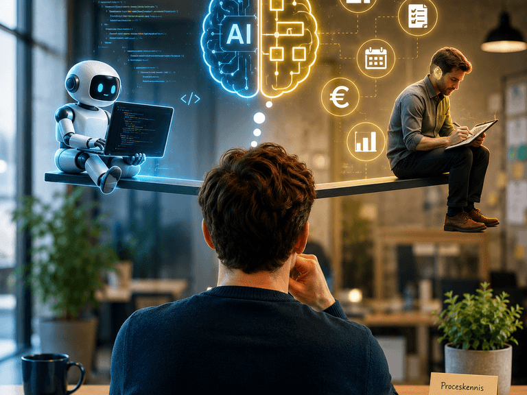 Visual met een AI-robot die code schrijft en een bedrijfsexpert die proceskennis, context en menselijke controle bewaakt.