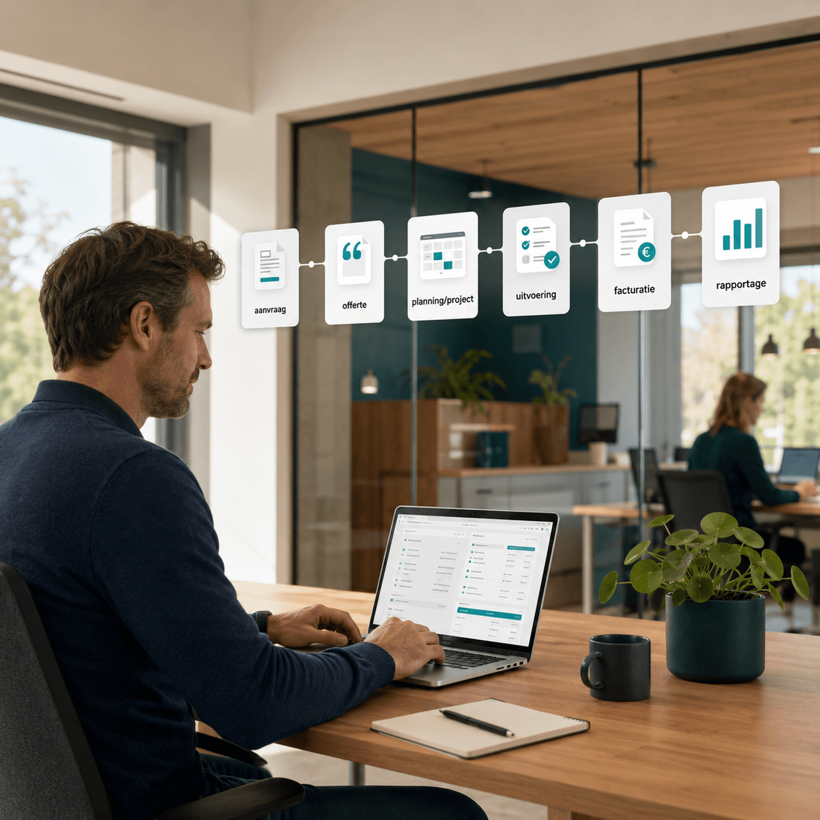 Medewerker volgt in een lichte kantooromgeving één digitale bedrijfsflow van aanvraag en offerte tot planning, uitvoering, facturatie en rapportage.