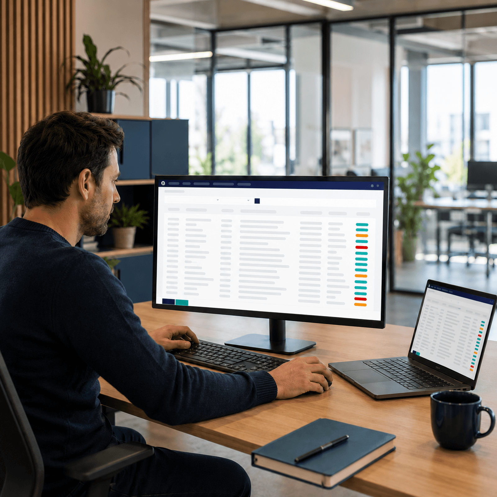 Medewerker werkt in een lichte kantooromgeving met een IAMD-lijstweergave op monitor en laptop