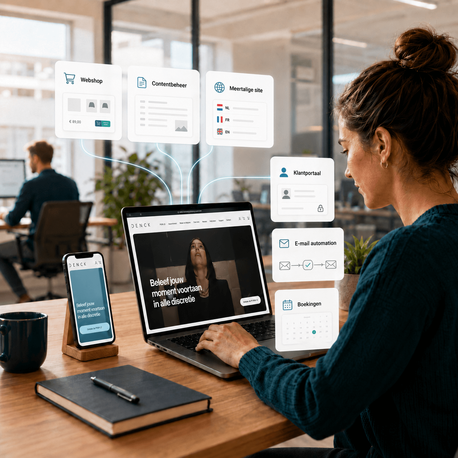 Medewerkster werkt in een moderne kantooromgeving aan laptop en smartphone, met visuele verwijzingen naar Shopify, Storyblok, Directus, IAMD, Sender en TidyCal.