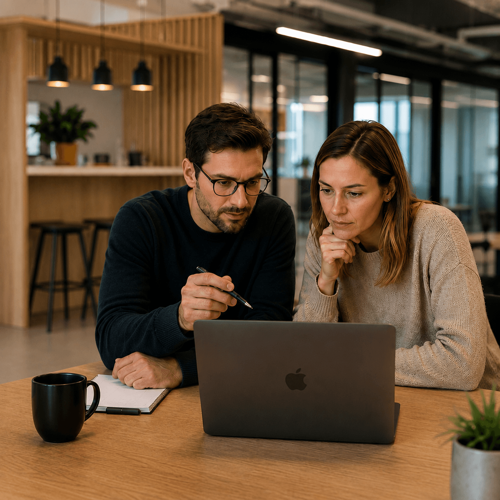 Twee kmo-medewerkers bespreken samen bedrijfssoftware aan een laptop in een moderne, lichte kantooromgeving.