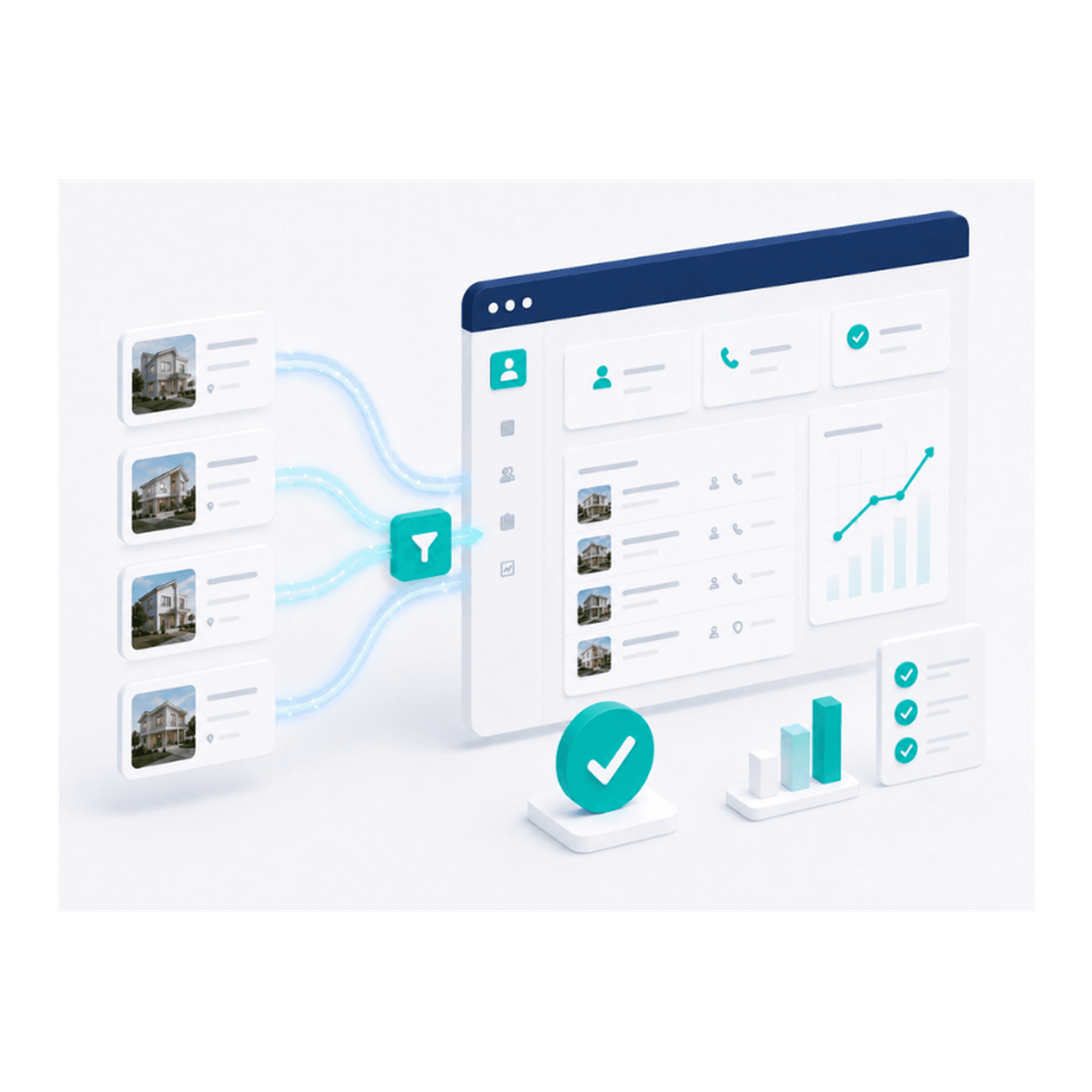 Visual van renovatieleads die via een digitale funnel naar een IAMD-dashboard stromen voor commerciële opvolging