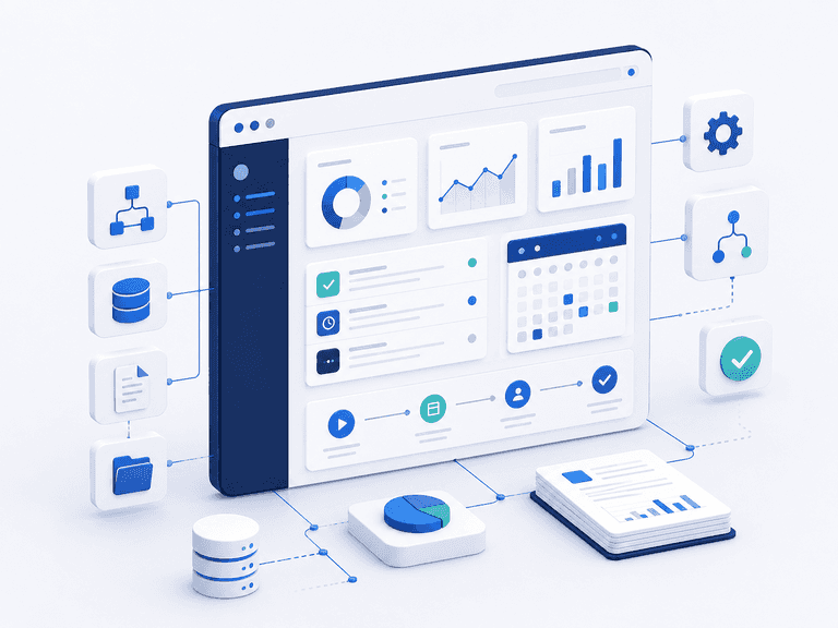 Illustratie van IAMD bedrijfssoftware met dashboard, procesopvolging, data en operationele workflows.