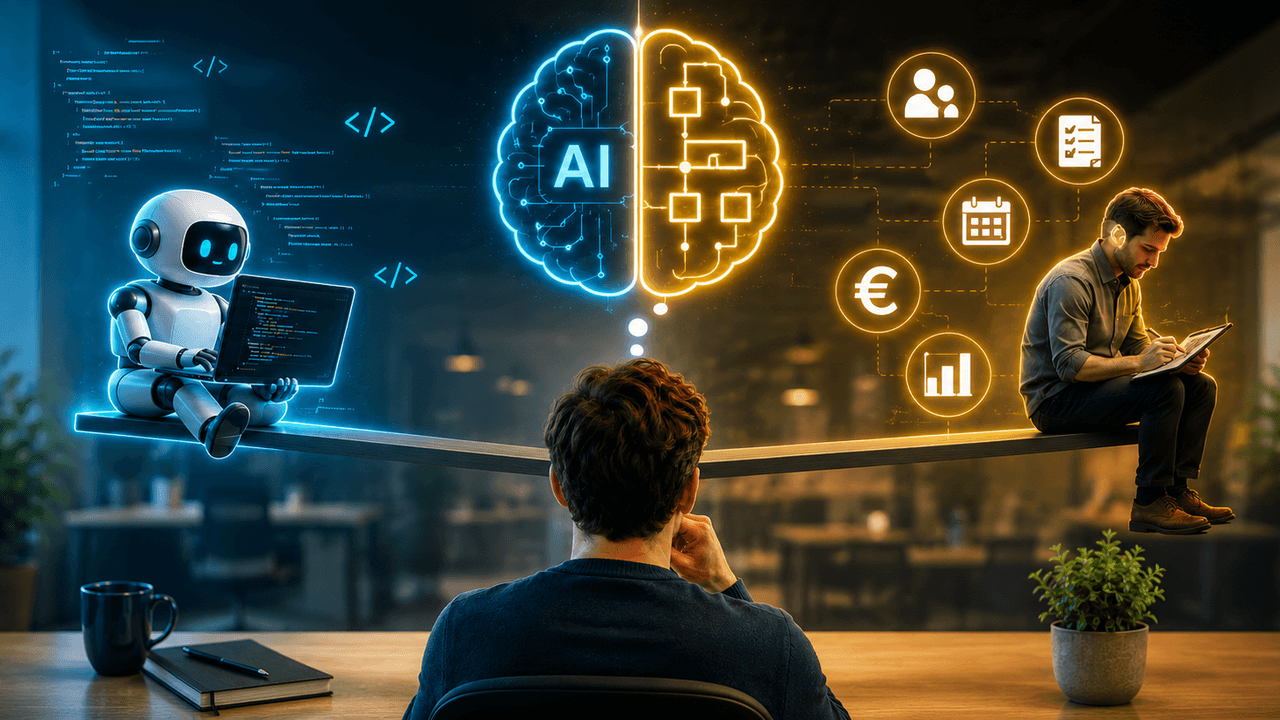 Hero visual met een AI-robot die code schrijft en een bedrijfsexpert die proceskennis, context en menselijke controle bewaakt.