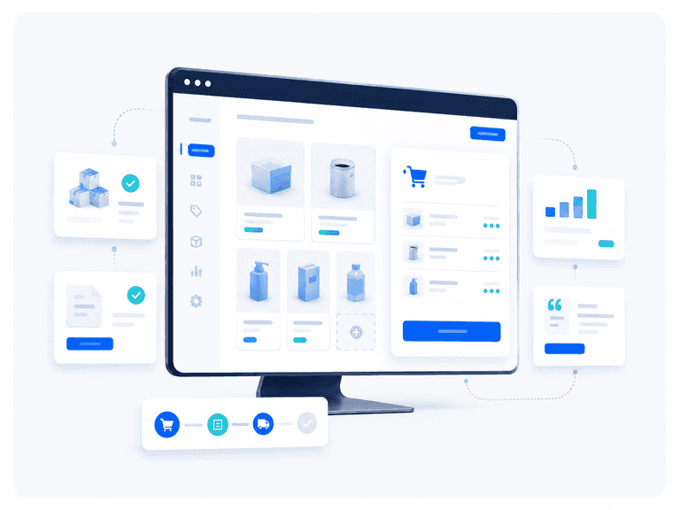 Illustratie van een B2B bestelplatform met productcatalogus, orderoverzicht en bestelproces.