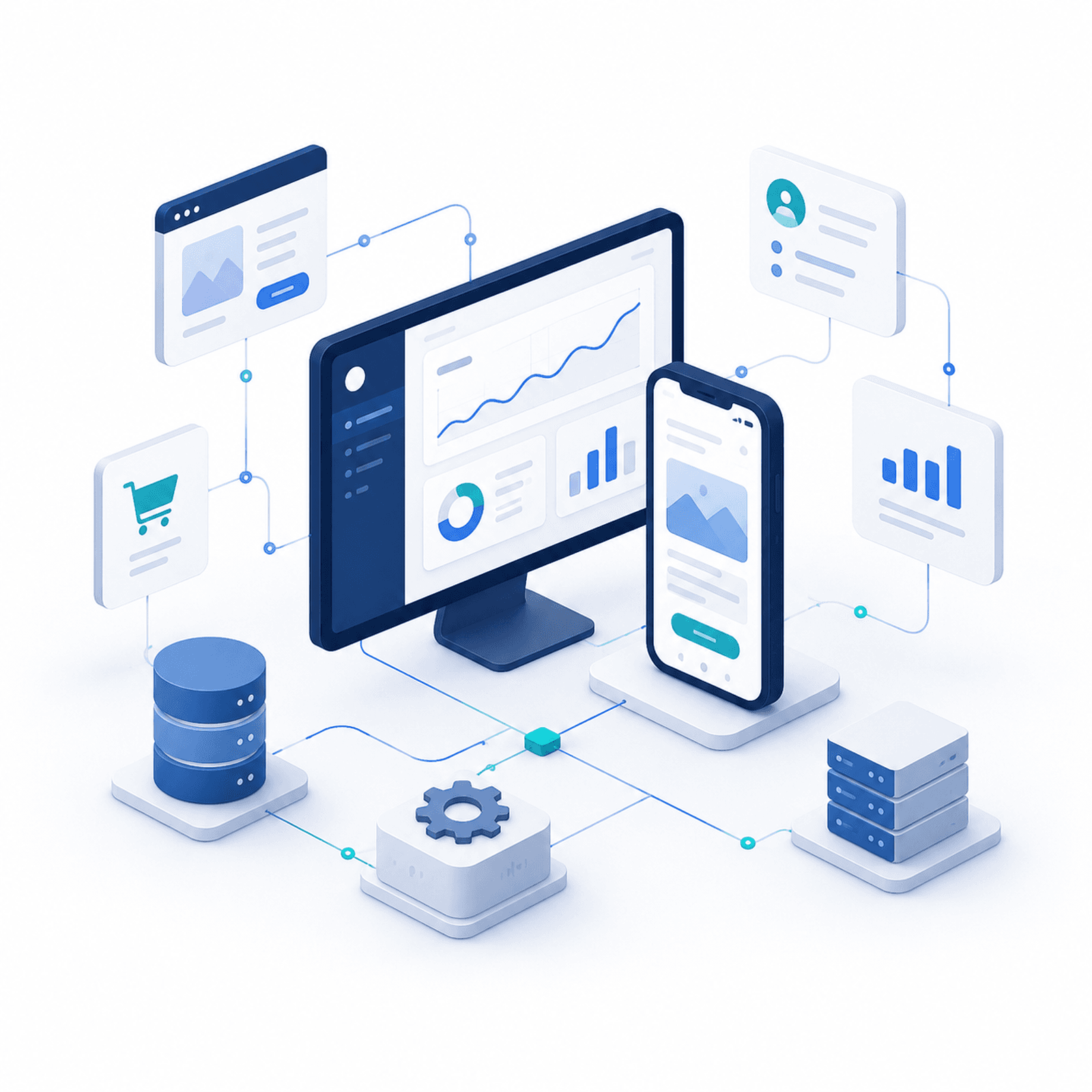 Illustratie van een digitaal platform dat websites, apps, data en bedrijfsprocessen met elkaar verbindt.